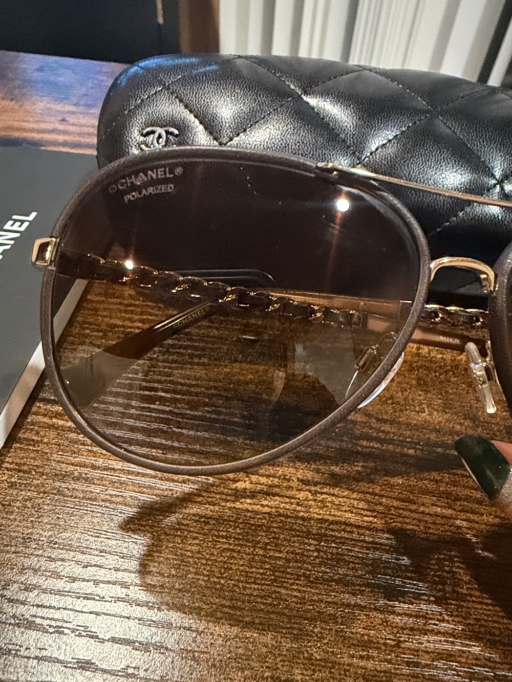 RARE Authentic CHANEL leather polarized aviator Sunglasses w Brown gradient Lens - Picture 7 of 10
